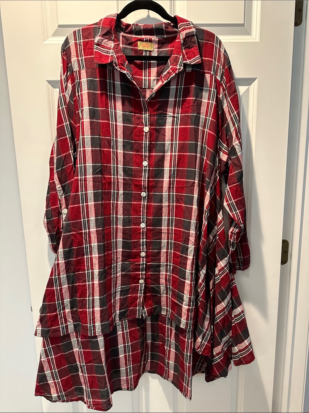 Tulip Red & Black Plaid Button-Up Shirt XL Gorgeous A-Line High-Low w Pockets!